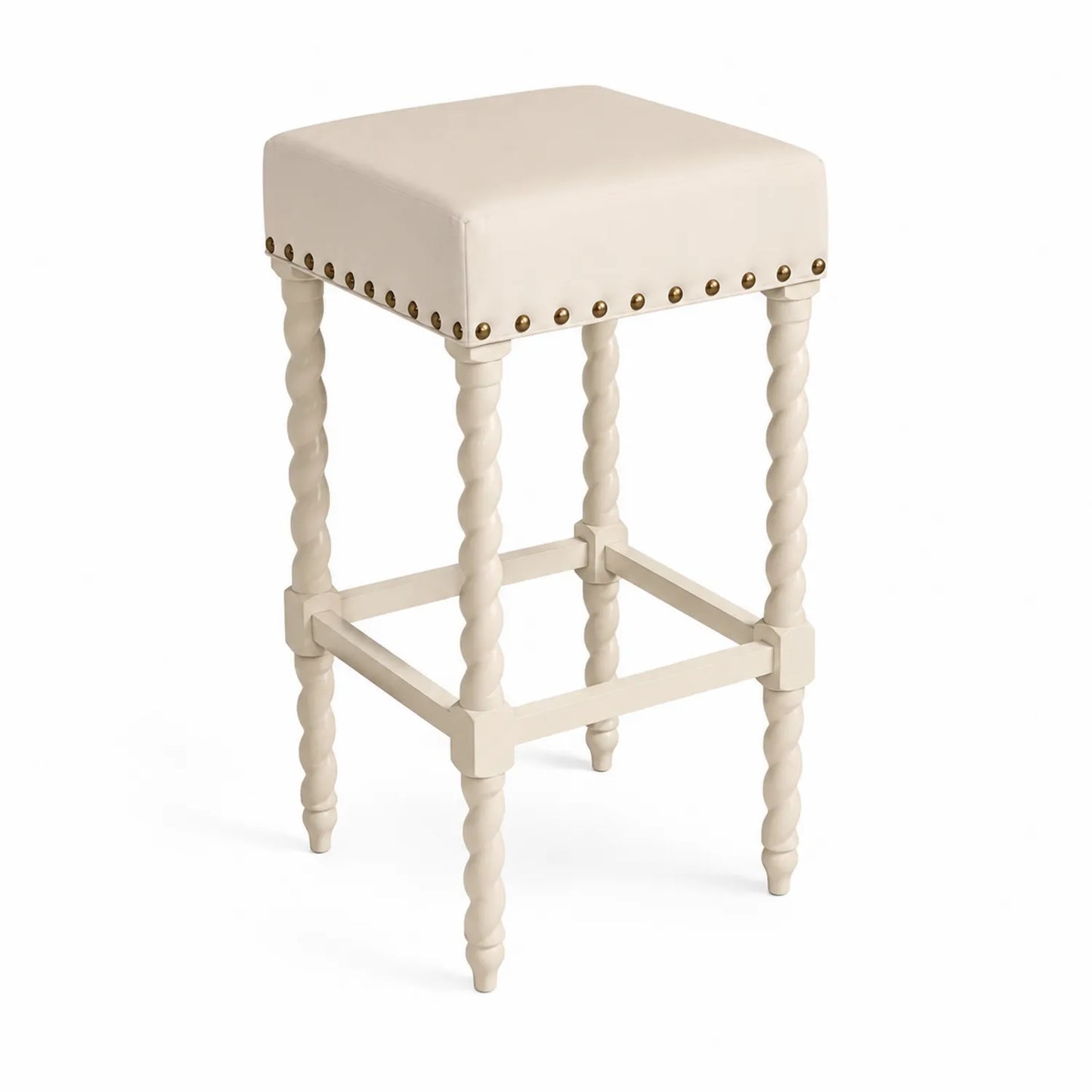 Tabouret de Bar en Bois avec Revêtement en Cuir Synthétique Crème