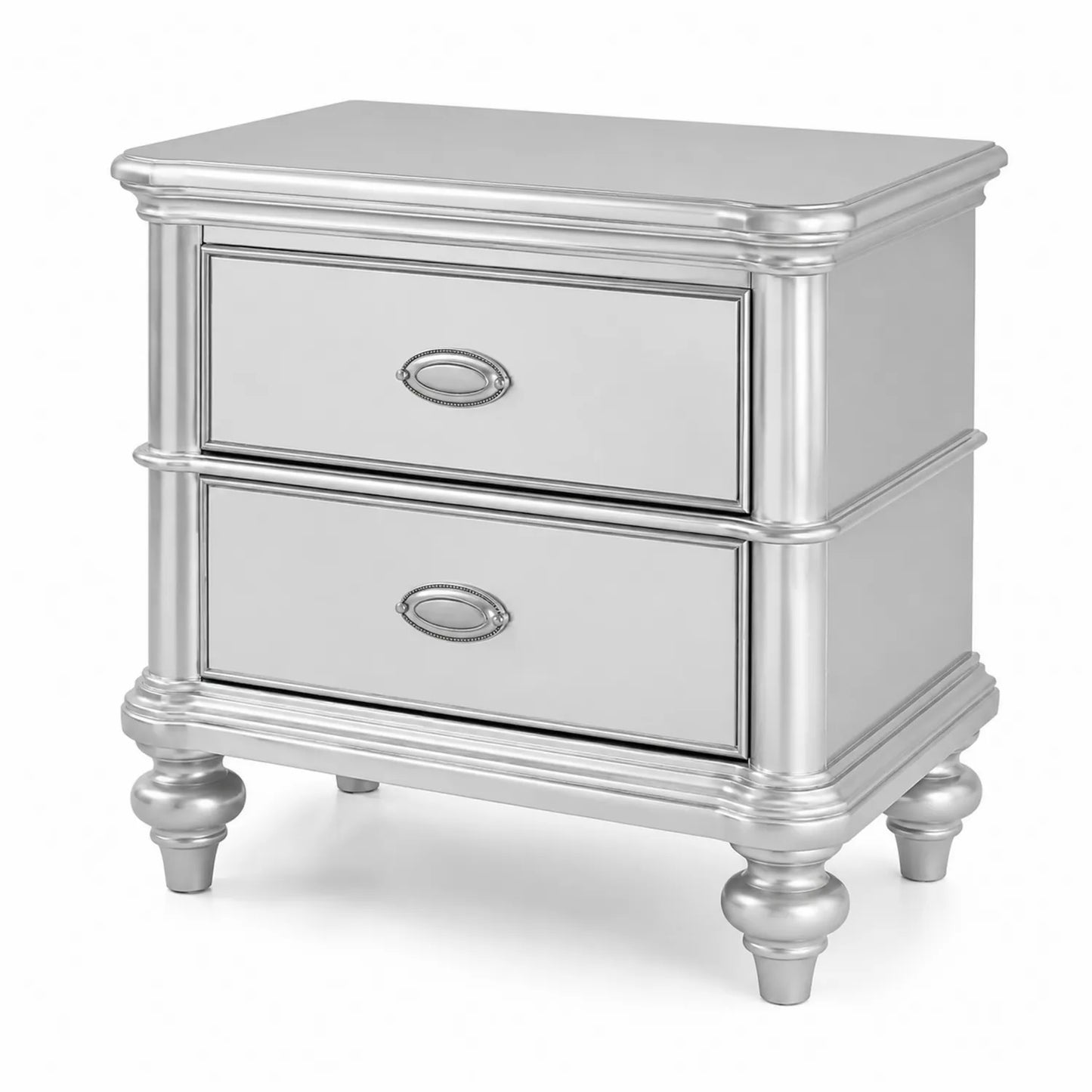 Table de chevet en bois avec tiroirs métalliques argentés