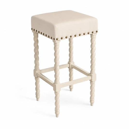 Tabouret de Bar en Bois avec Revêtement en Cuir Synthétique Crème