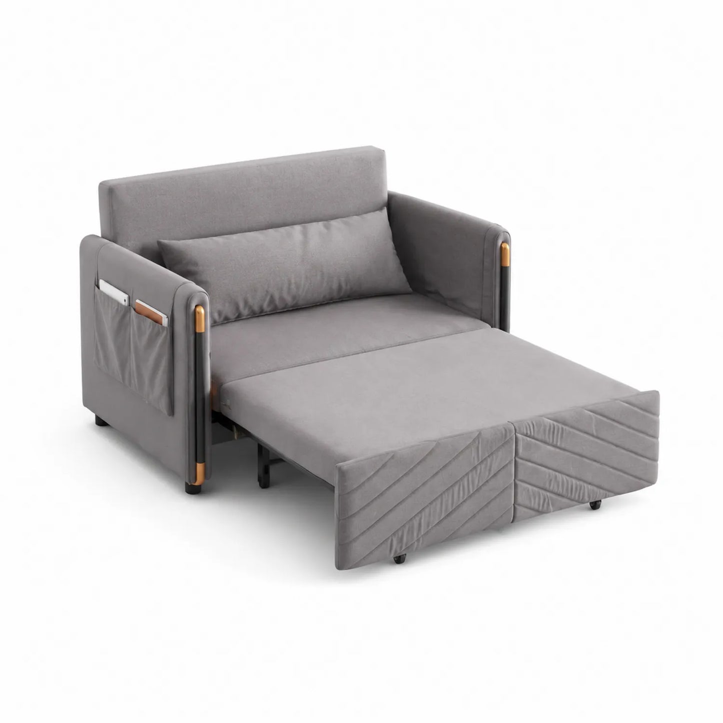 Canapé-lit convertible en tissu gris avec rangement intégré