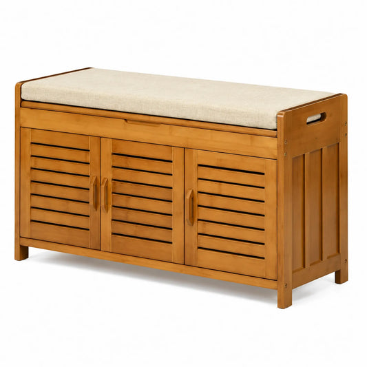 Banc de rangement en bambou avec coussin en lin