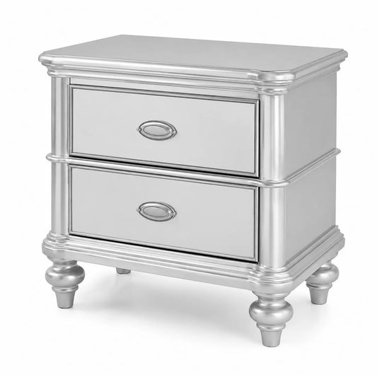 Table de chevet en bois avec tiroirs métalliques argentés