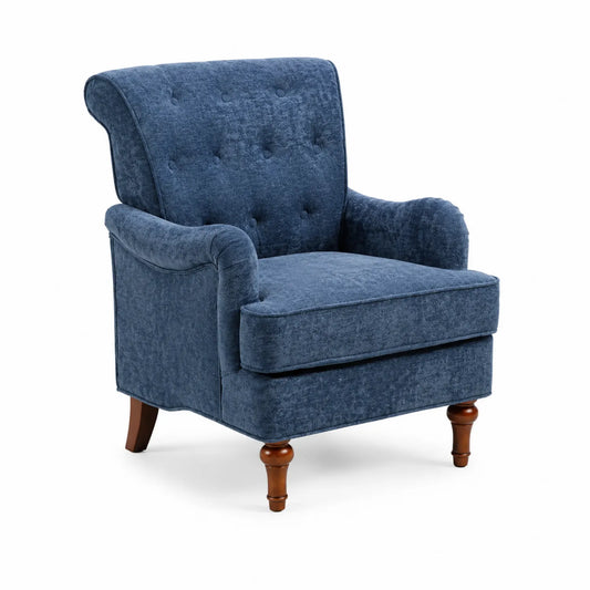 Fauteuil en tissu bleu avec pieds en bois