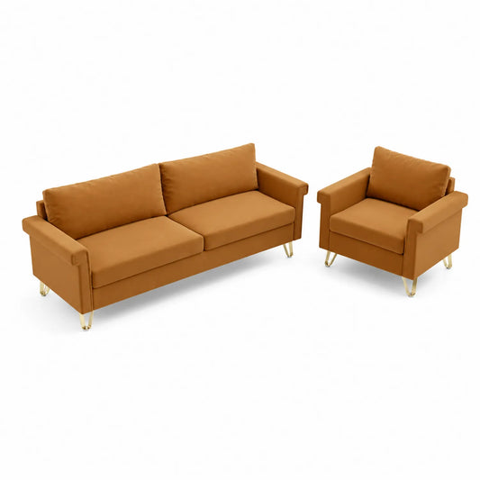 Ensemble de canapé et fauteuil en velours marron