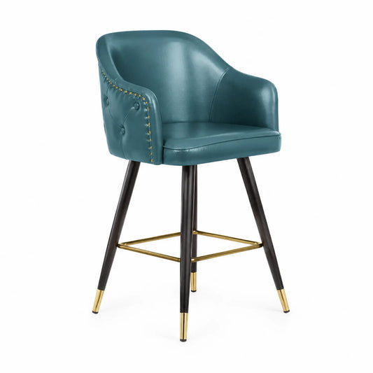 Tabouret de bar en cuir synthétique vert avec pieds en métal et accents dorés