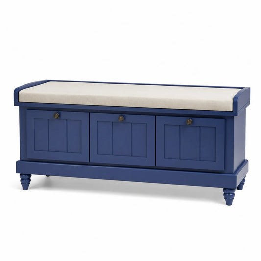 Banc de rangement chaussures en bois avec coussin en polyester Bleu/Beige 120 cm